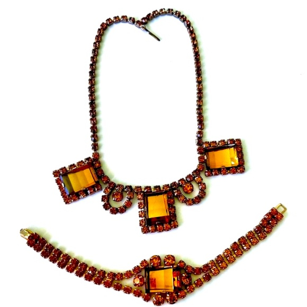 Vintage Necklace Bracelet Set Amber Glass & Rhinestone Rectangular - Picture 1 of 17